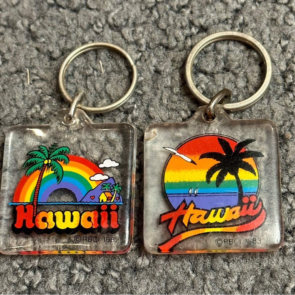 Vintage 1982 1983 Hawaii RBCI Keychain Acrylic Rainbow Palm Tree Retro 1.5”